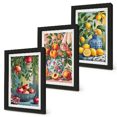 Composizione di 3 quadri con composizioni di frutta con melograni, limoni e pesche