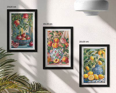 Composizione di 3 quadri Composizioni di frutta con melograni, limoni e pesche