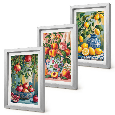 Composizione di 3 quadri Composizioni di frutta con melograni, limoni e pesche