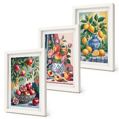 Composizione di 3 quadri Fiori e frutta dipinti in vasi