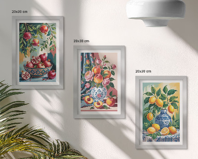 Composizione di 3 quadri Fiori e frutta dipinti in vasi