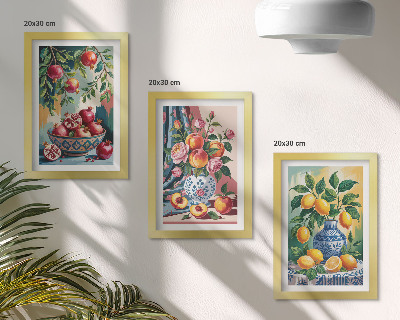 Composizione di 3 quadri Fiori e frutta dipinti in vasi