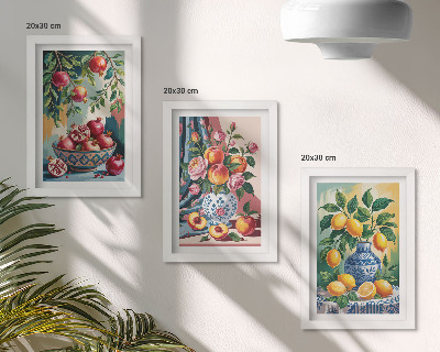 Composizione di 3 quadri Fiori e frutta dipinti in vasi
