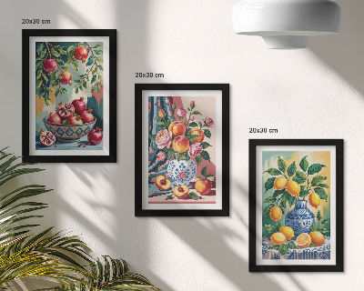 Composizione di 3 quadri Fiori e frutta dipinti in vasi