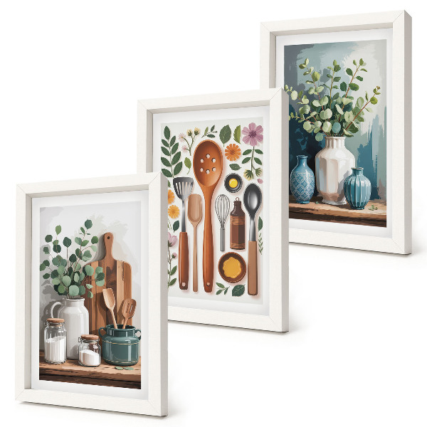 Trittico incorniciato Accessori da cucina con piante in stile moderno
