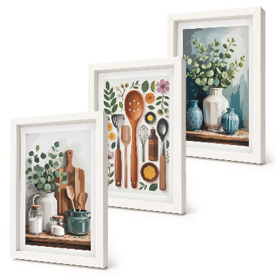Trittico incorniciato Accessori da cucina con piante in stile moderno