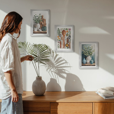Trittico incorniciato Accessori da cucina con piante in stile moderno