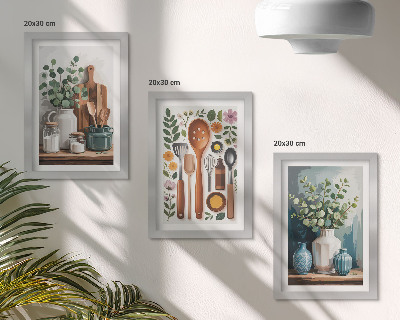 Trittico incorniciato Accessori da cucina con piante in stile moderno