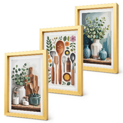 Trittico incorniciato Accessori da cucina con piante in stile moderno