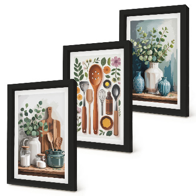 Trittico incorniciato Accessori da cucina con piante in stile moderno
