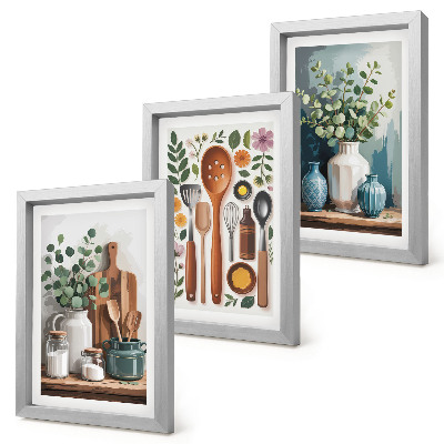 Trittico incorniciato Accessori da cucina con piante in stile moderno