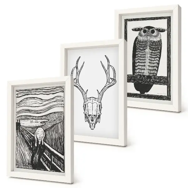Composizione di 3 quadri raffiguranti scream con teschio e gufo in stile grafico