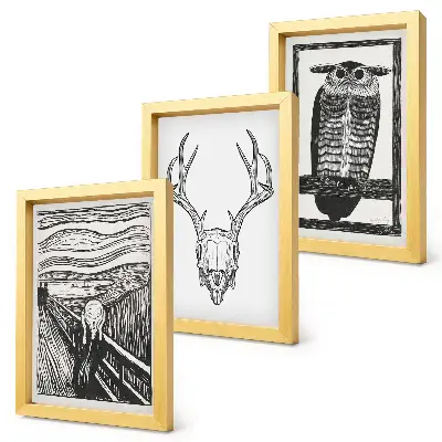 Composizione di 3 quadri raffiguranti scream con teschio e gufo in stile grafico