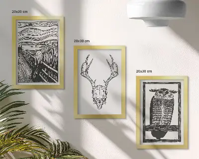 Composizione di 3 quadri raffiguranti scream con teschio e gufo in stile grafico