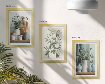 Trittico incorniciato Estetica di olive verdi e rami di eucalipto