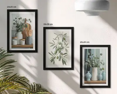 Trittico incorniciato estetica con olive verdi e rami di eucalipto