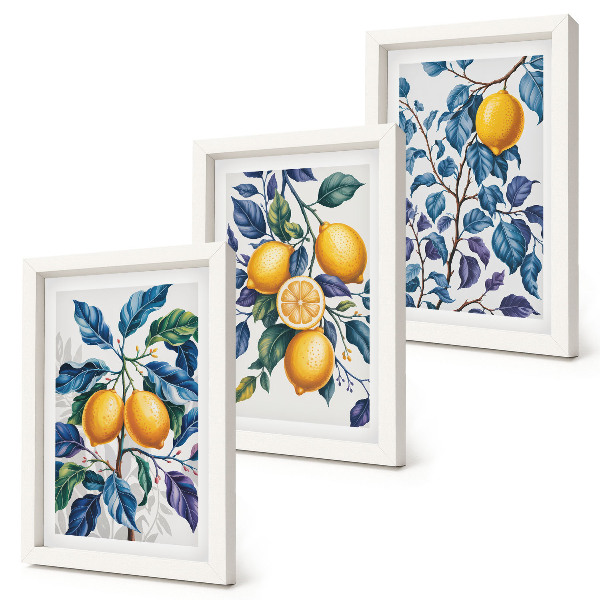 Composizione di 3 quadri Limoni su rami con foglie blu