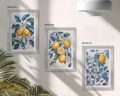 Composizione di 3 quadri Limoni su rami con foglie blu