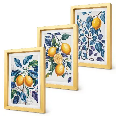 Composizione di 3 quadri con limoni su rami e foglie blu