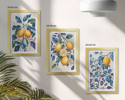 Composizione di 3 quadri Limoni su rami con foglie blu
