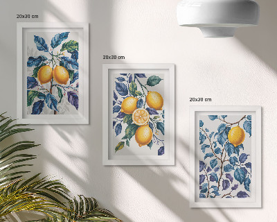 Composizione di 3 quadri Limoni su rami con foglie blu