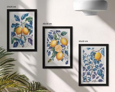 Composizione di 3 quadri Limoni su rami con foglie blu
