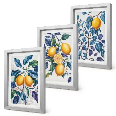 Composizione di 3 quadri con limoni su rami e foglie blu