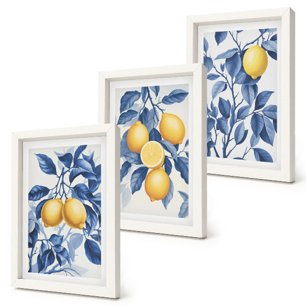 Trittico incorniciato Limoni su rami con foglie blu