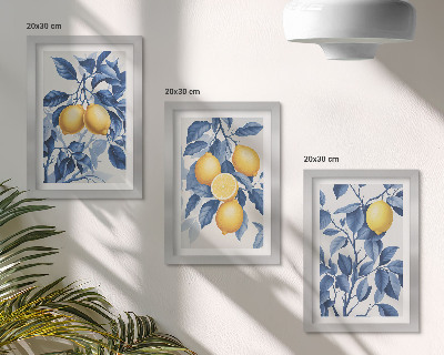 Trittico incorniciato Limoni su rami con foglie blu