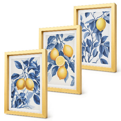 Trittico incorniciato Limoni su rami con foglie blu