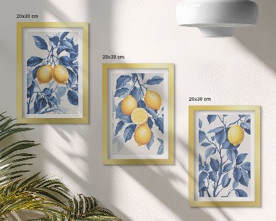 Trittico incorniciato Limoni su rami con foglie blu