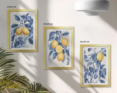 Limoni su rami con foglie blu trittico incorniciato