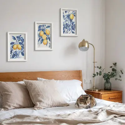 Limoni su rami con foglie blu trittico incorniciato
