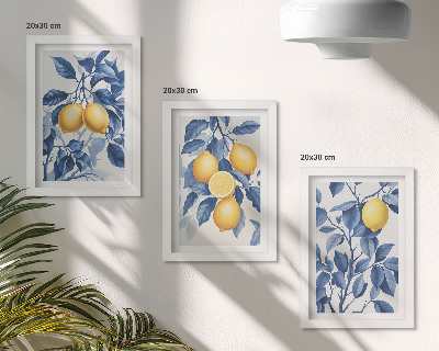 Trittico incorniciato Limoni su rami con foglie blu