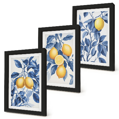Trittico incorniciato Limoni su rami con foglie blu