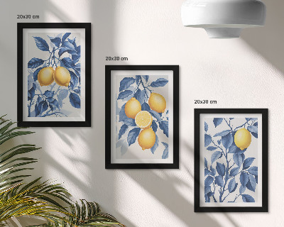 Trittico incorniciato Limoni su rami con foglie blu