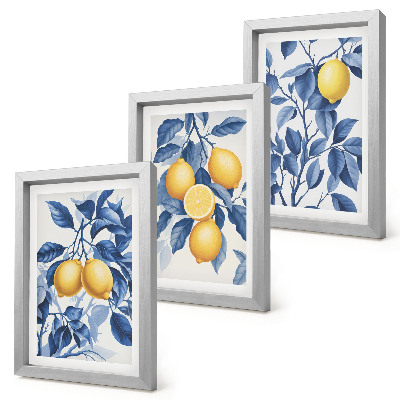 Trittico incorniciato Limoni su rami con foglie blu