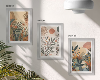 Composizione di 3 quadri Motivi vegetali in colori tenui con cerchi