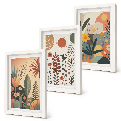 Composizione di 3 quadri Fantasie floreali in stile boho dai toni caldi e dall'aspetto naturale.