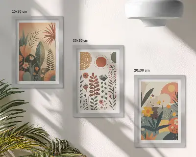 Composizione di 3 quadri con fantasie floreali in stile boho dai toni caldi e dall'aspetto naturale