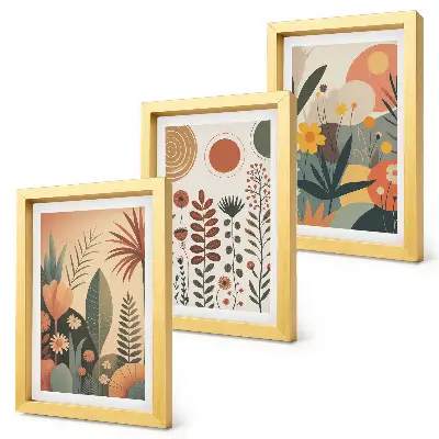 Composizione di 3 quadri con fantasie floreali in stile boho dai toni caldi e dall'aspetto naturale