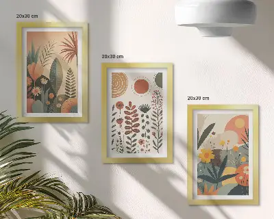 Composizione di 3 quadri con fantasie floreali in stile boho dai toni caldi e dall'aspetto naturale