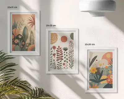 Composizione di 3 quadri con fantasie floreali in stile boho dai toni caldi e dall'aspetto naturale