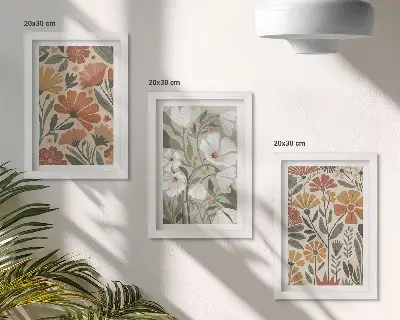 Trittico incorniciato con motivi floreali nei toni dell'arancione e del verde