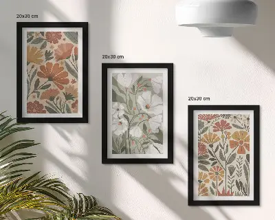 Trittico incorniciato con motivi floreali nei toni dell'arancione e del verde