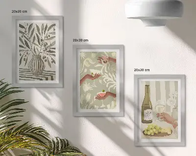 Composizione di 3 quadri con fiori d'ulivo e cocktail rustici