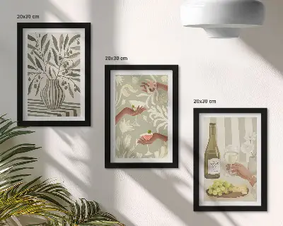 Composizione di 3 quadri con fiori d'ulivo e cocktail rustici