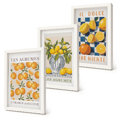 Trittico incorniciato Frutta agrumata in stile retrò con accenti gialli