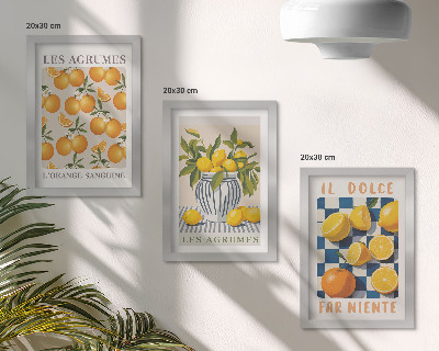 Trittico incorniciato Frutta agrumata in stile retrò con accenti gialli