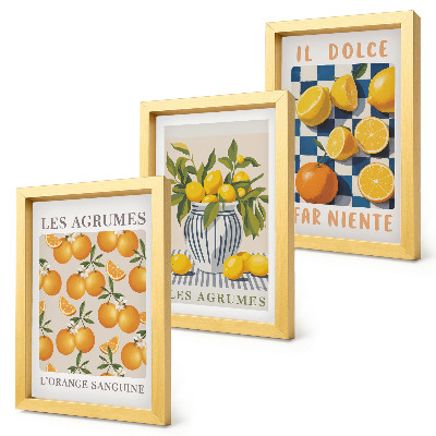 Trittico incorniciato Frutta agrumata in stile retrò con accenti gialli
